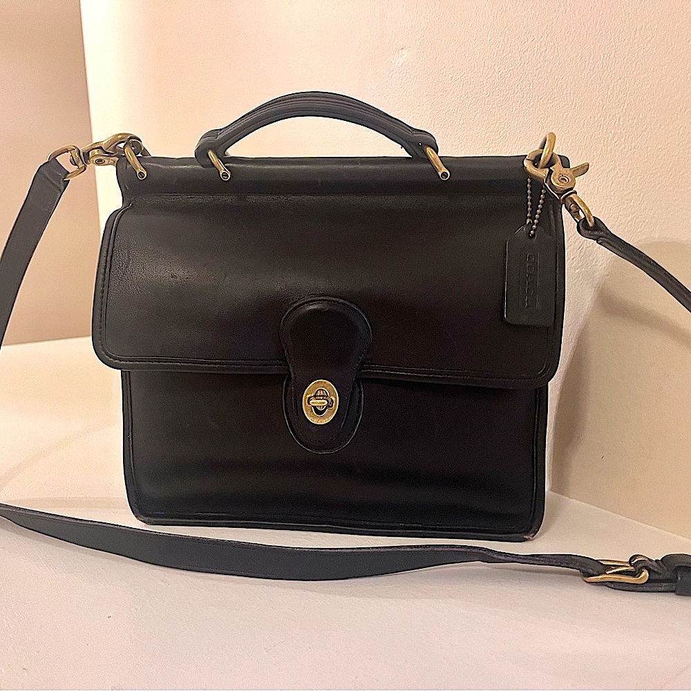 🖤 VINTAGE Black Leather Coach style #9927 Willis. Purse Satchel Crossbody.